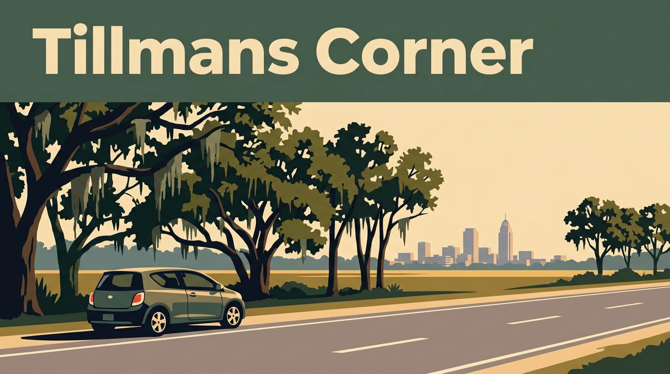 A car parked beside a coastal highway with oak trees and Mobile’s skyline in the distance.