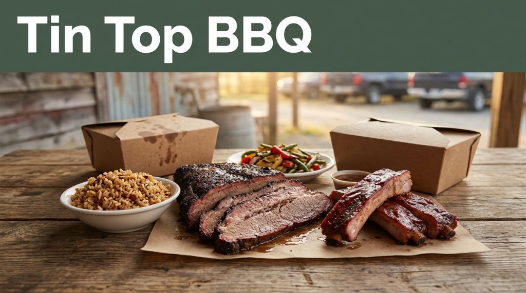 Brisket, ribs, rice, vegetables, and a takeout container on a rustic table.