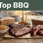 Brisket, ribs, rice, vegetables, and a takeout container on a rustic table.