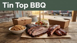 Brisket, ribs, rice, vegetables, and a takeout container on a rustic table.