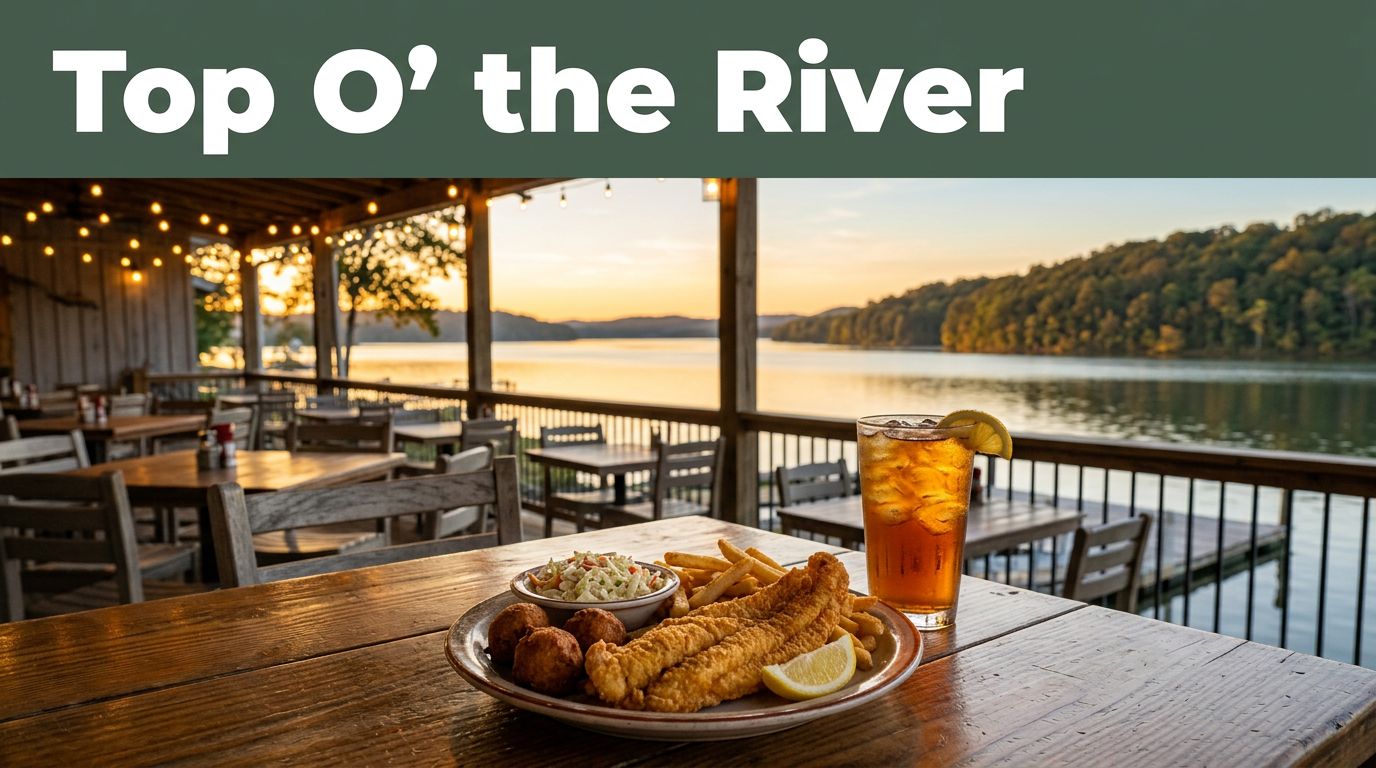 Seafood dinner and iced tea overlooking Lake Guntersville at sunset.
