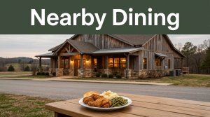 A rustic Arkansas restaurant with warm windows and a plated meal outside.