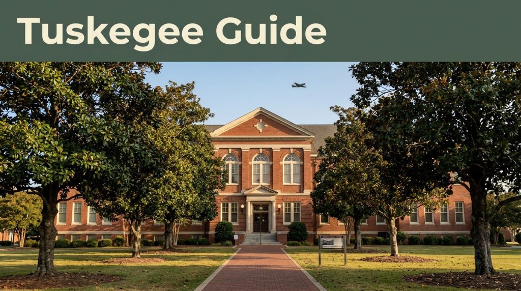 Historic Tuskegee campus building with magnolia trees, an aviation sign, and a green guide banner.