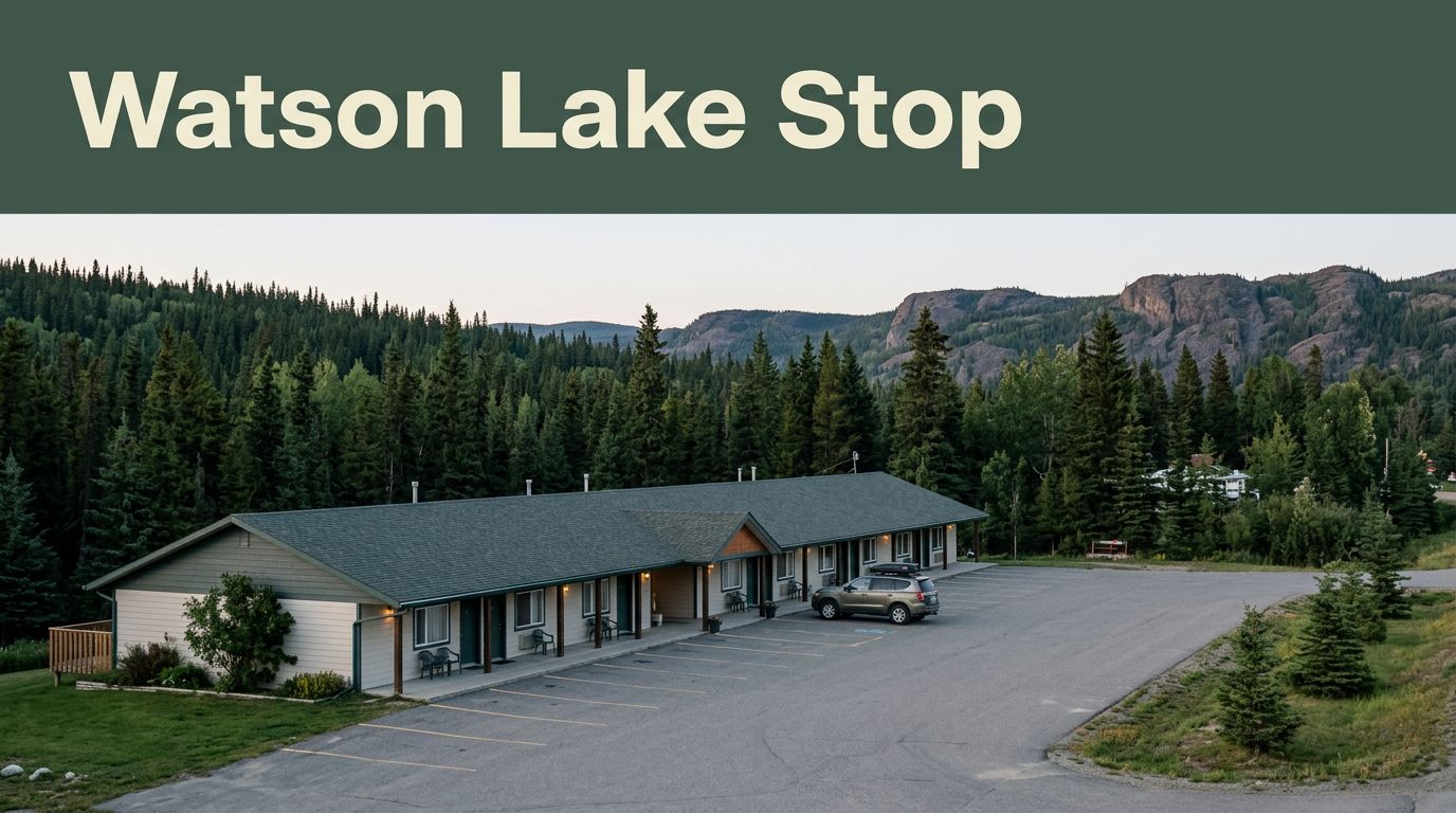 A roadside motel and SUV near evergreen forest and hills in Watson Lake.