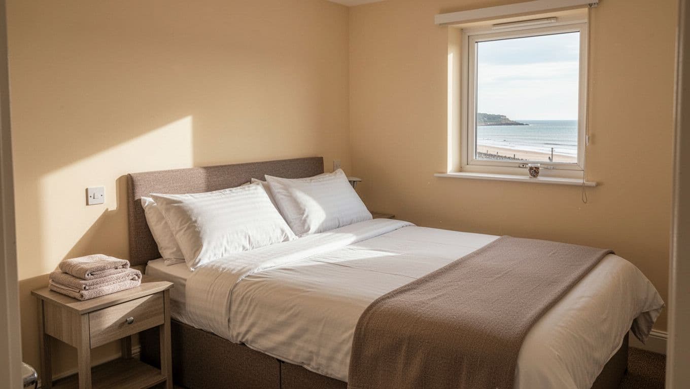 A simple guest room with a made double bed, towels, bedside table, and small window.