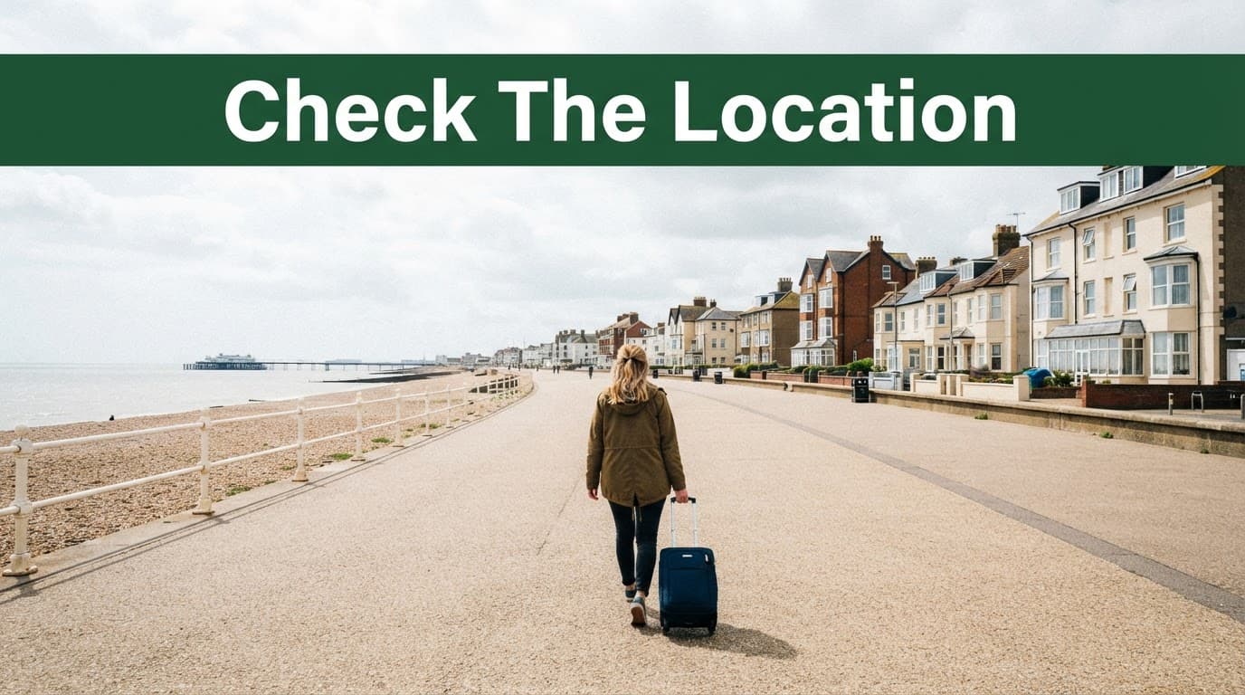 One traveler with a suitcase walks along Felixstowe seafront toward coastal hotels.
