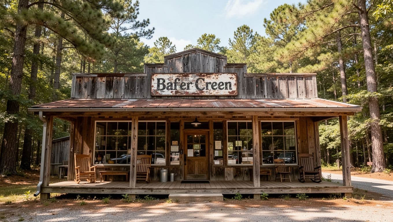 A rustic restaurant and store with a porch, large windows, and trees around it.