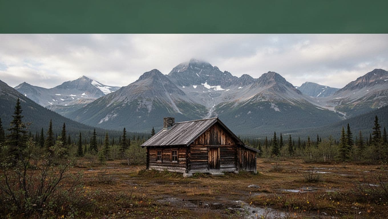 A rustic cabin sits alone among Alaskan mountains under an overcast sky.