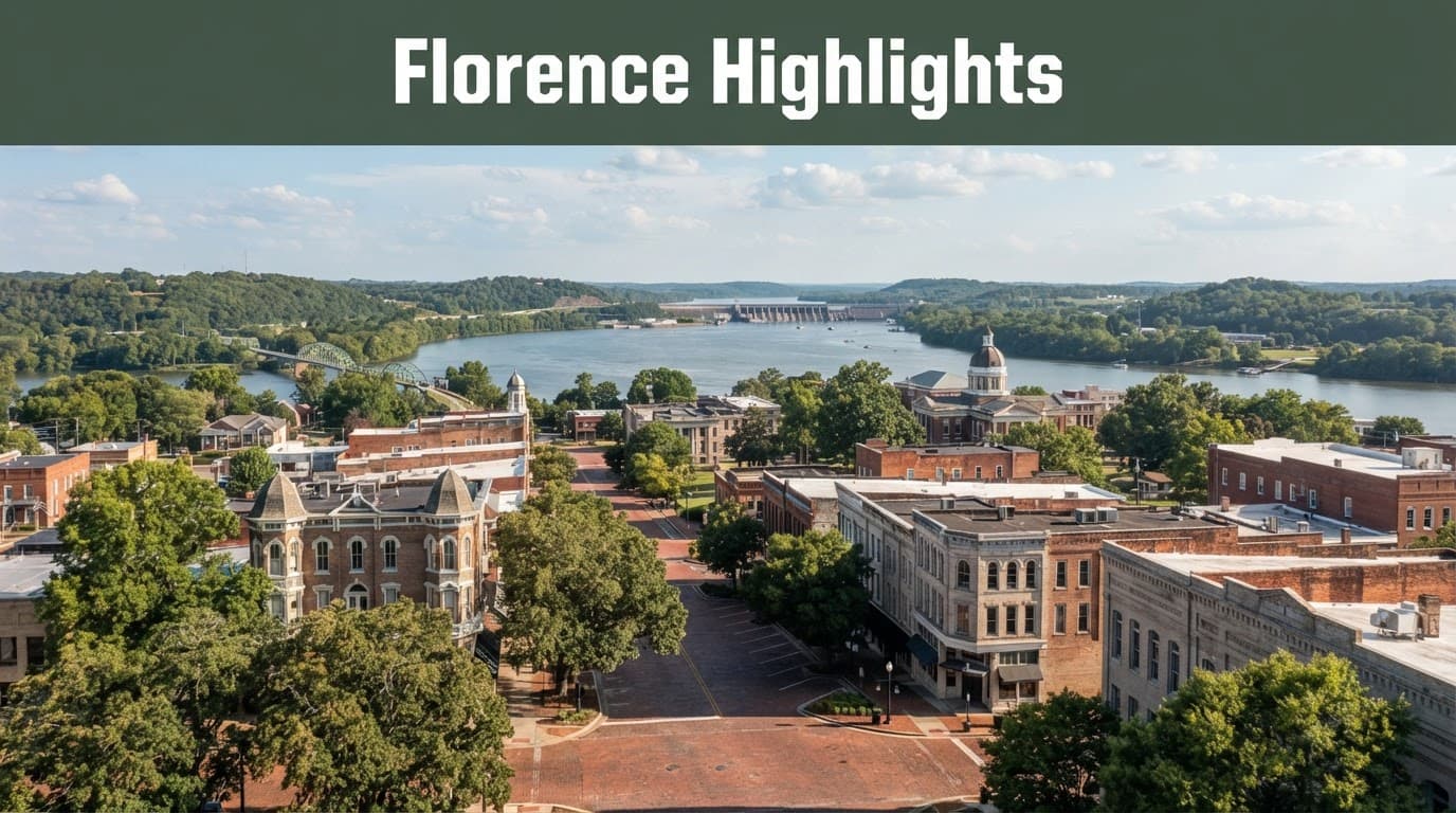 Florence riverfront with brick streets, mature trees, historic buildings, and the Tennessee River in the distance.