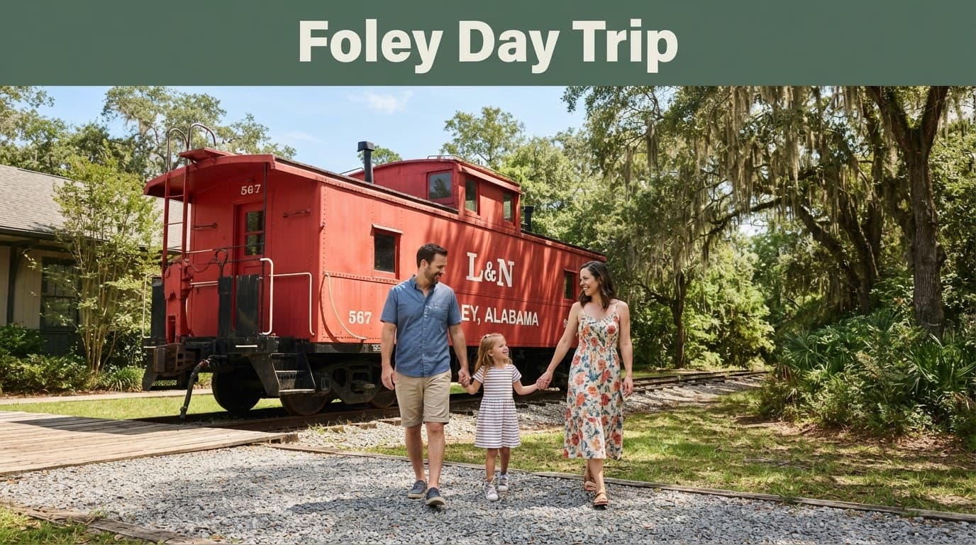A couple and child walk beside a red caboose under a sunny sky.