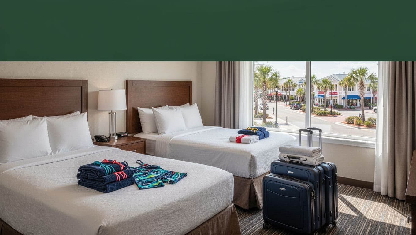 A tidy hotel room with two queen beds, luggage, towels, and palm trees outside.