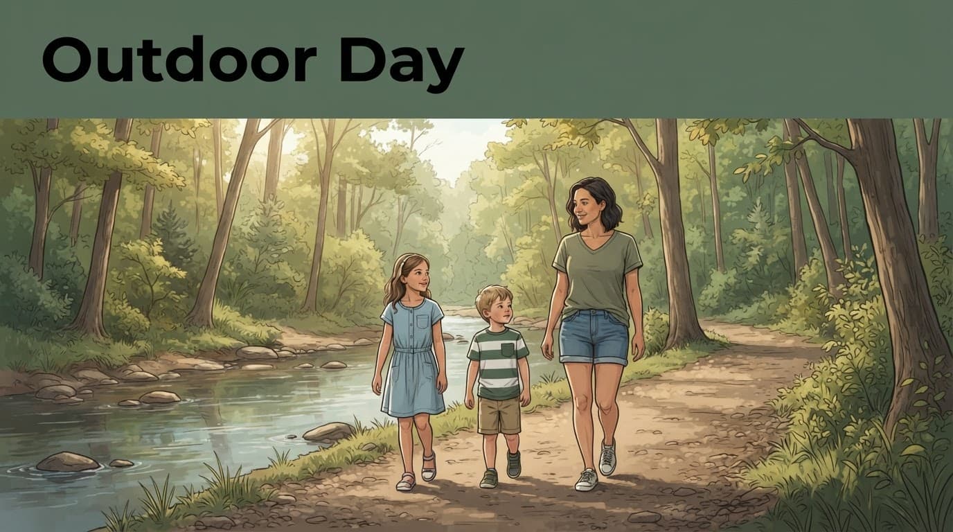 One adult and two children walk beside a creek on a wooded park trail.