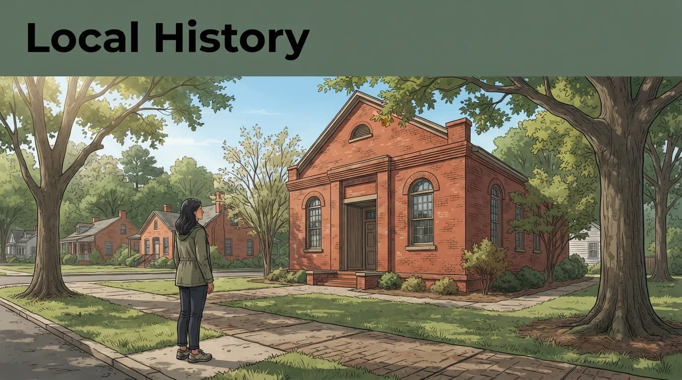 One visitor views a red-brick civic building beside a tree-lined sidewalk.