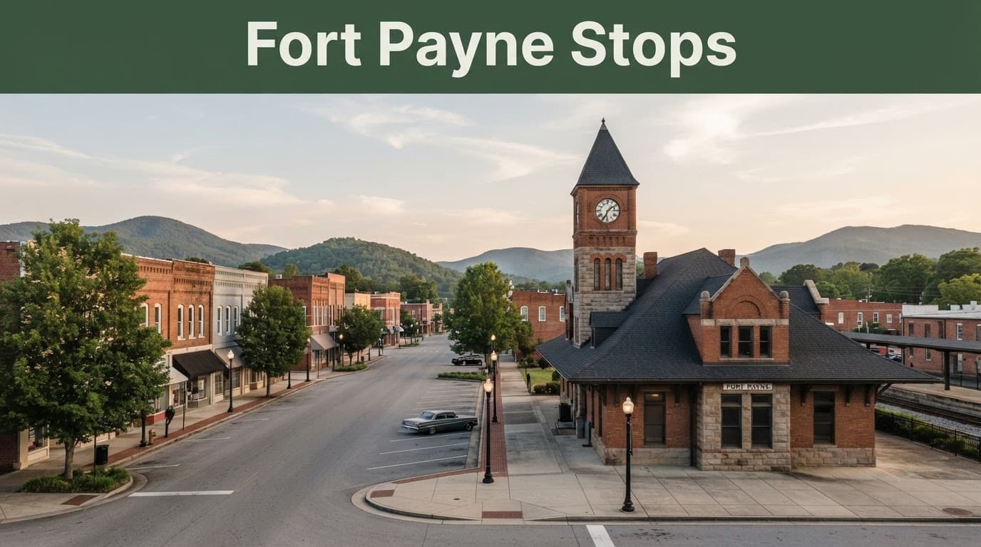 Historic railroad depot and quiet Main Street beneath Appalachian foothills.