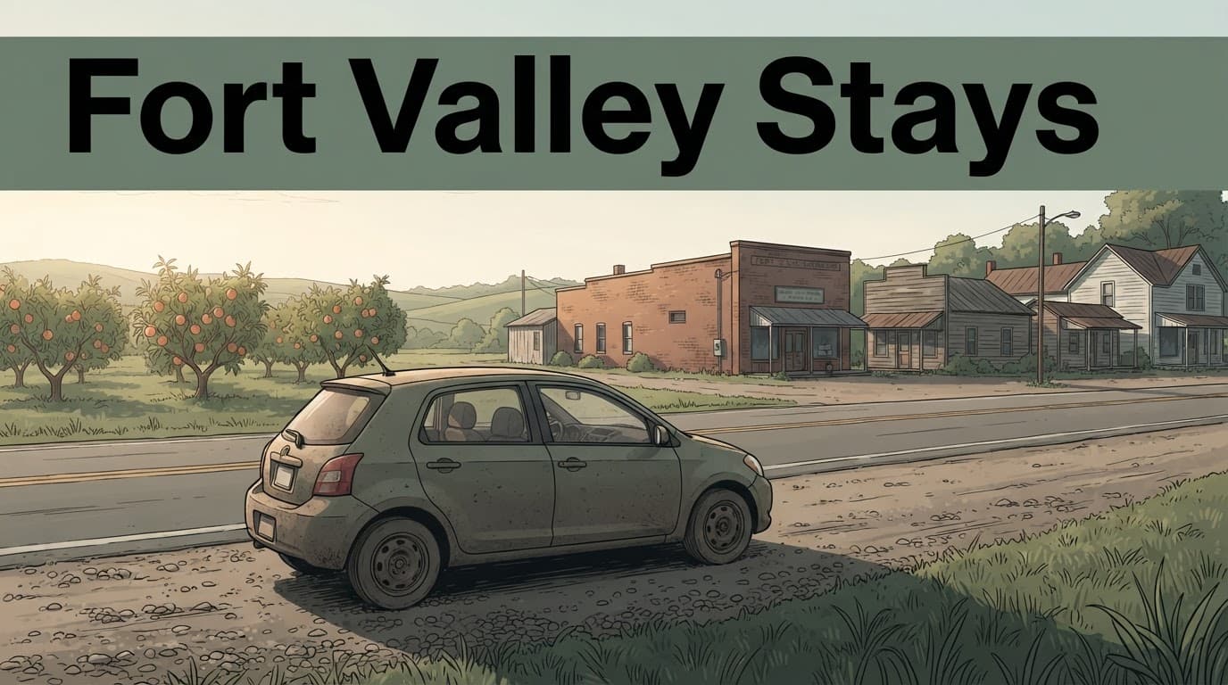A parked car beside a rural Fort Valley street with peach trees and low buildings.