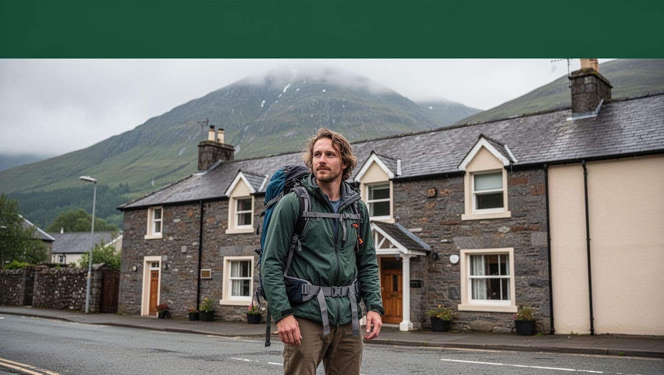 A traveler with a backpack outside a stone guesthouse beneath cloudy mountains.