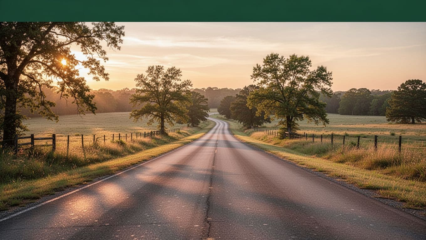 A rural Arkansas road at sunset with a dark-green Travel Guide banner.