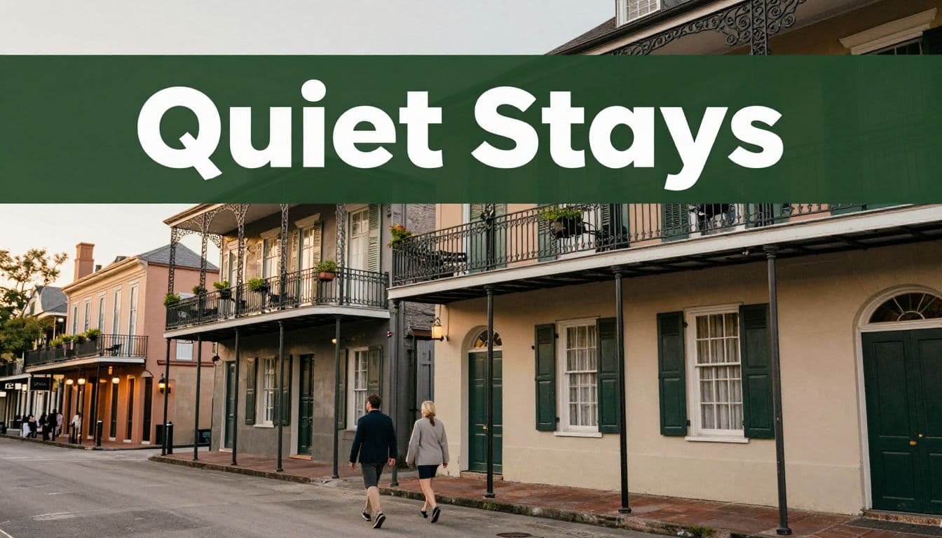A couple walks past leafy French Quarter buildings with wrought-iron balconies at dusk.