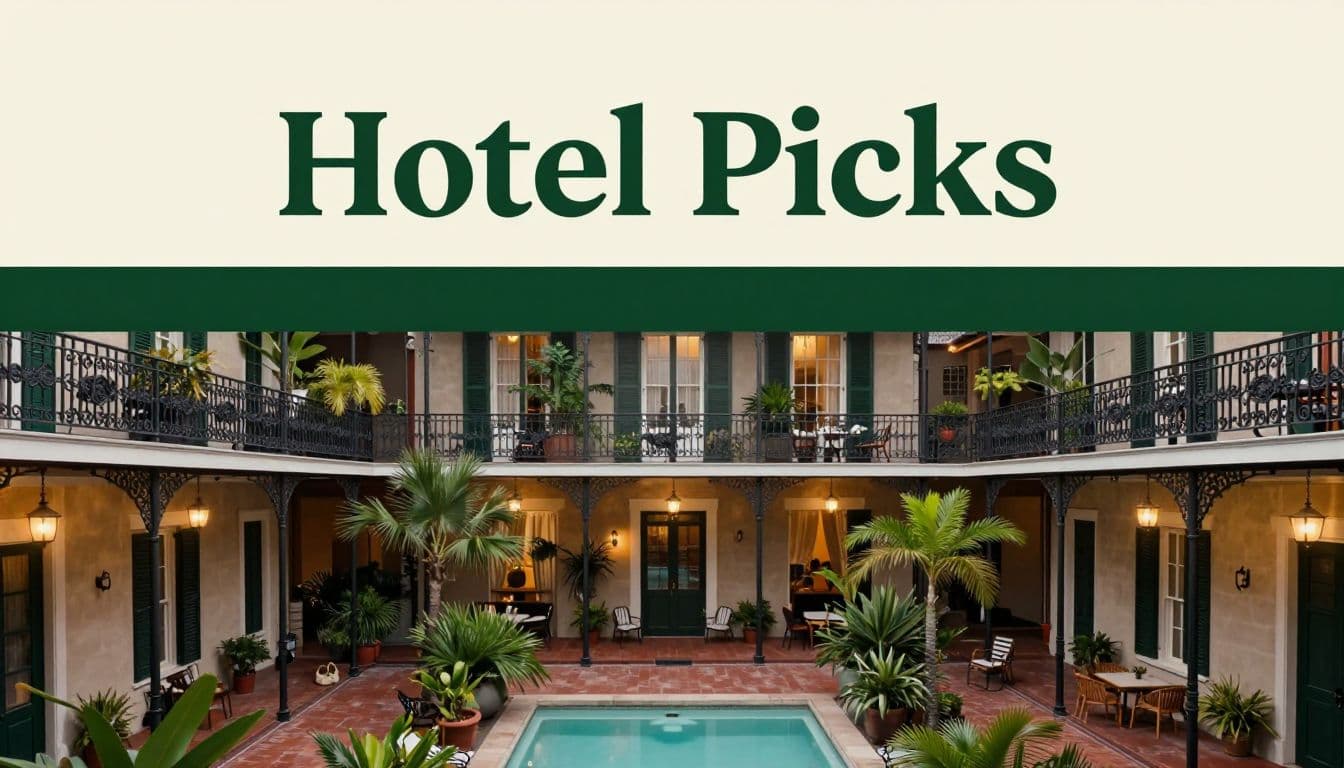 A quiet hotel courtyard with a small pool, balconies, and tropical plants.