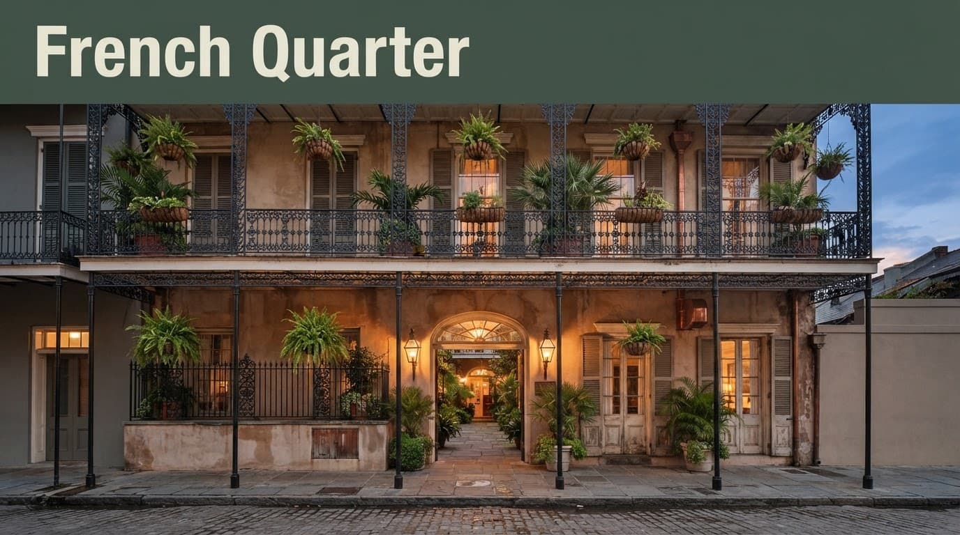 Historic hotel facade with iron balconies, potted plants, and a gas-lit courtyard at dusk.