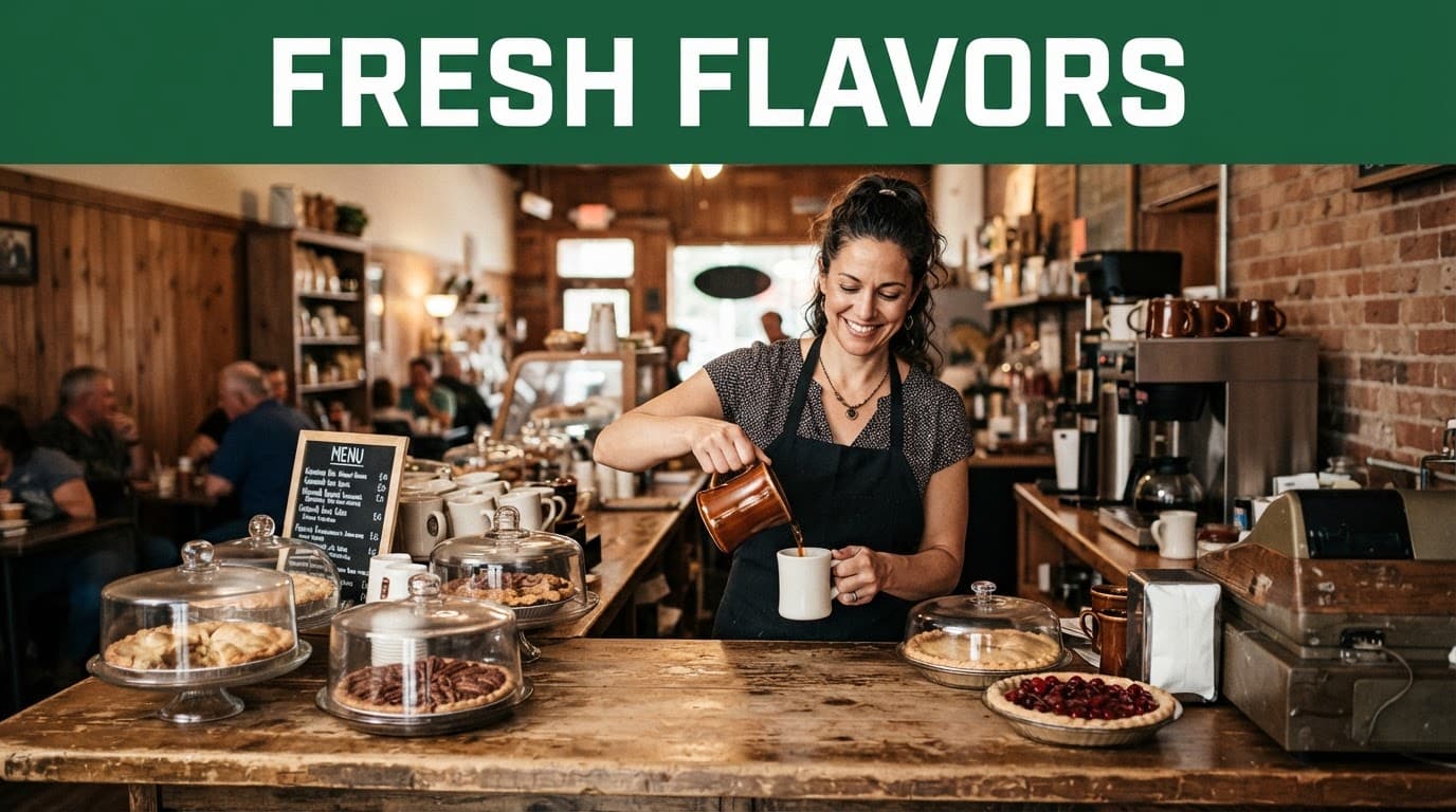 A cafe counter with pies, coffee mugs, one server, and a Fresh Flavors banner.