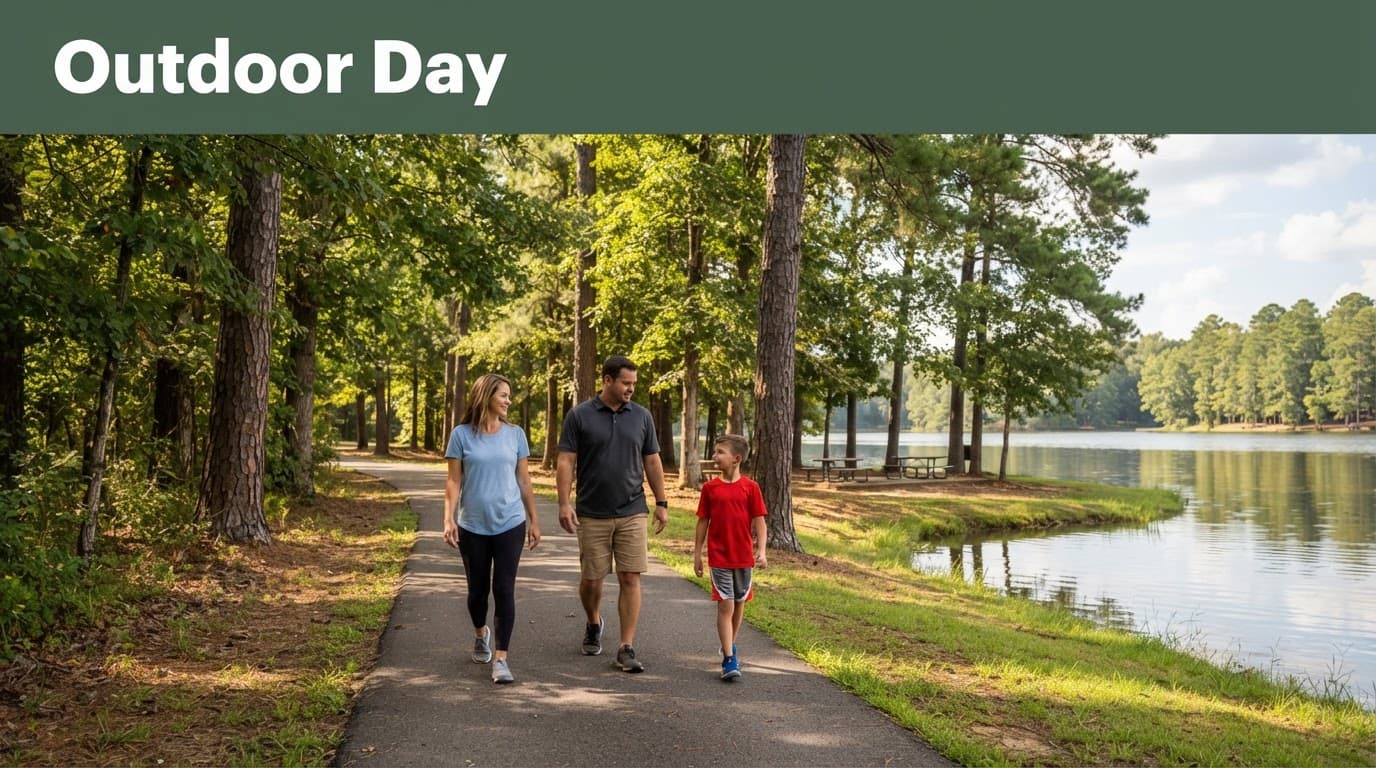 Three people walk beside a calm lake on a wooded paved trail.