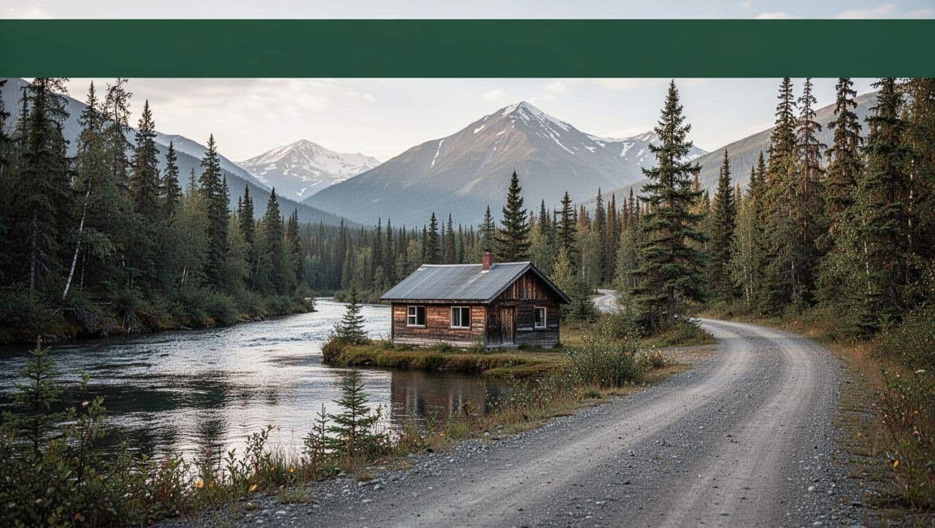 A modest cabin beside a gravel road and spruce forest near the river.