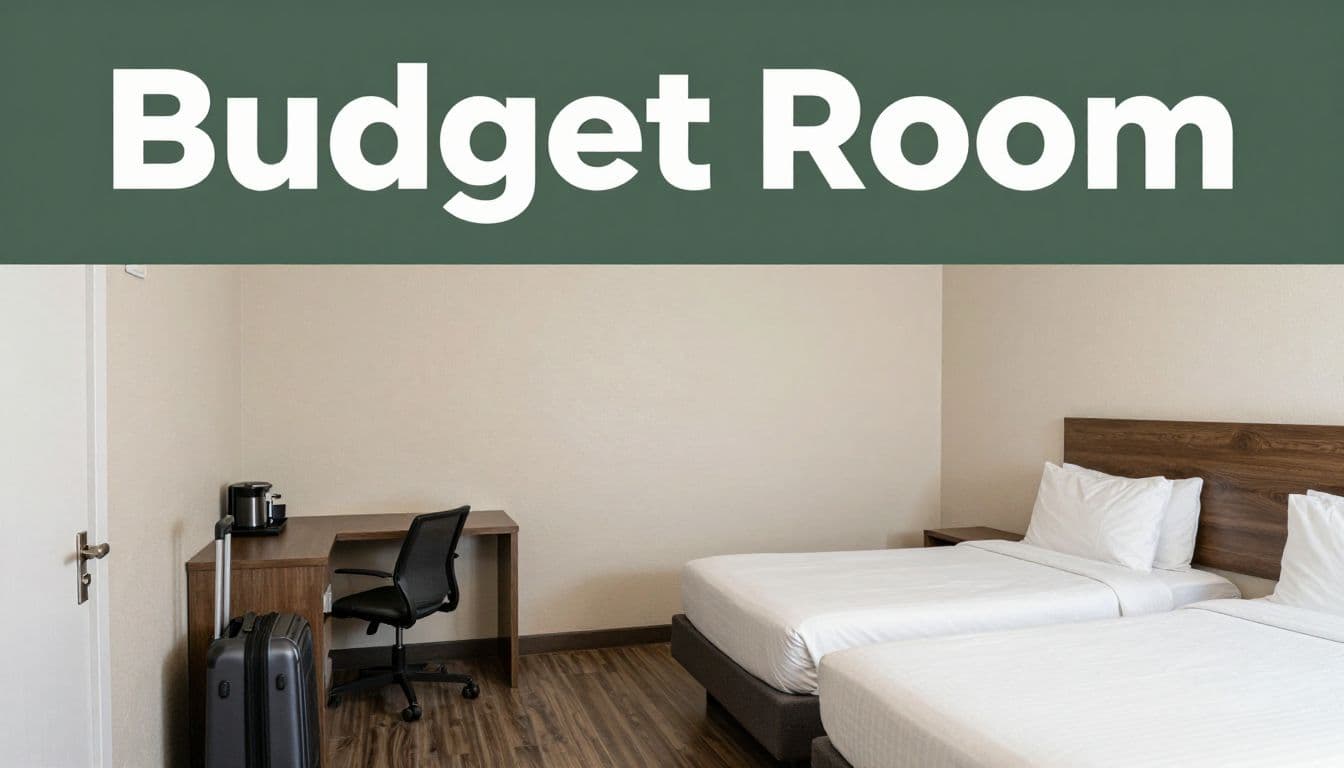 A budget hotel room with a queen bed, desk, coffee setup, and suitcase.