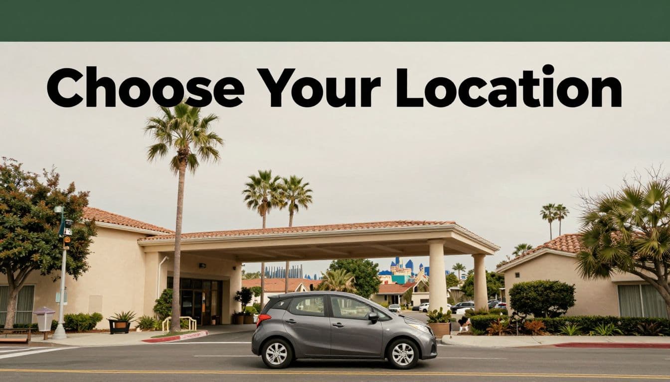 A rental car outside a Garden Grove hotel with palm trees and a distant theme-park-like skyline.