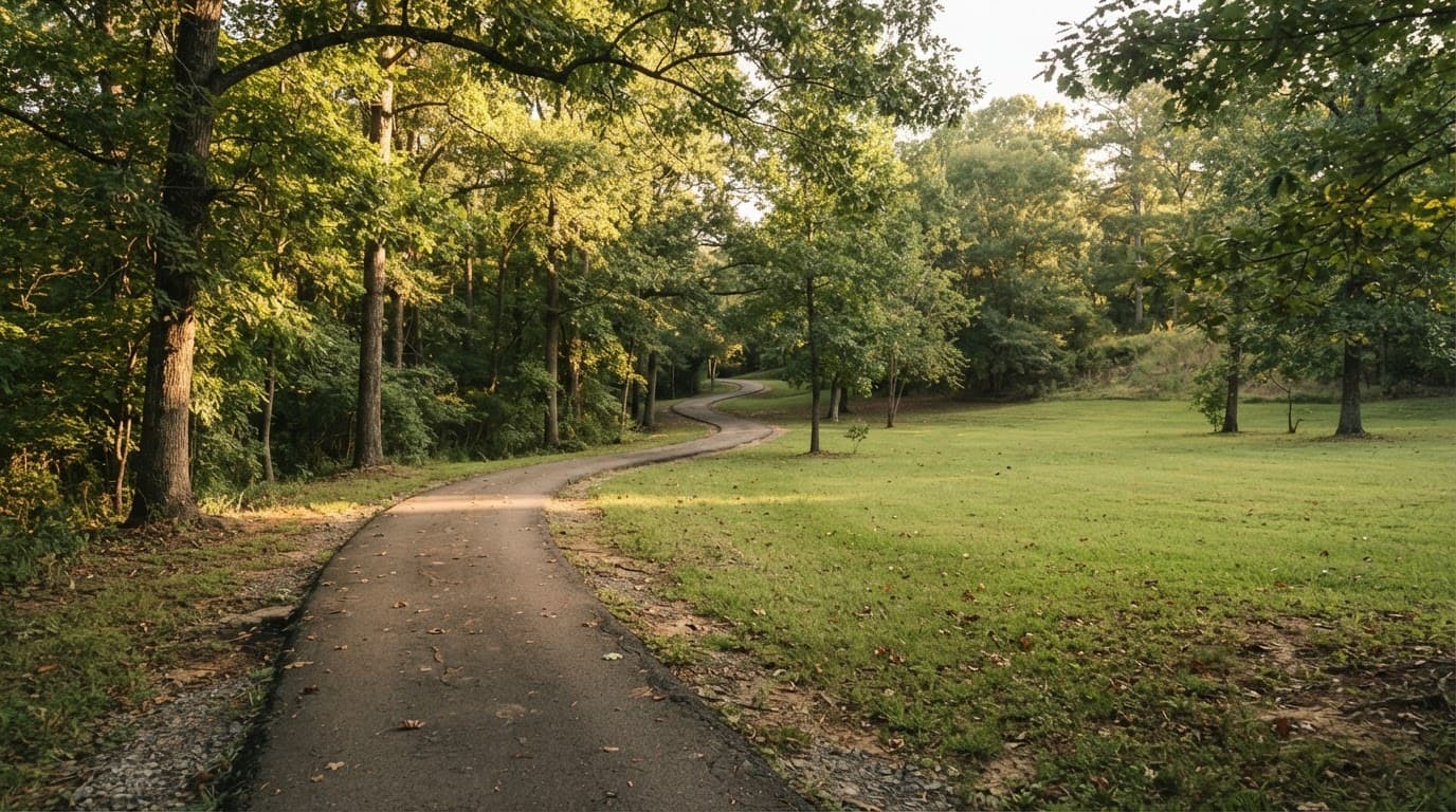 A quiet path winds through trees and an open lawn in a suburban Alabama park.