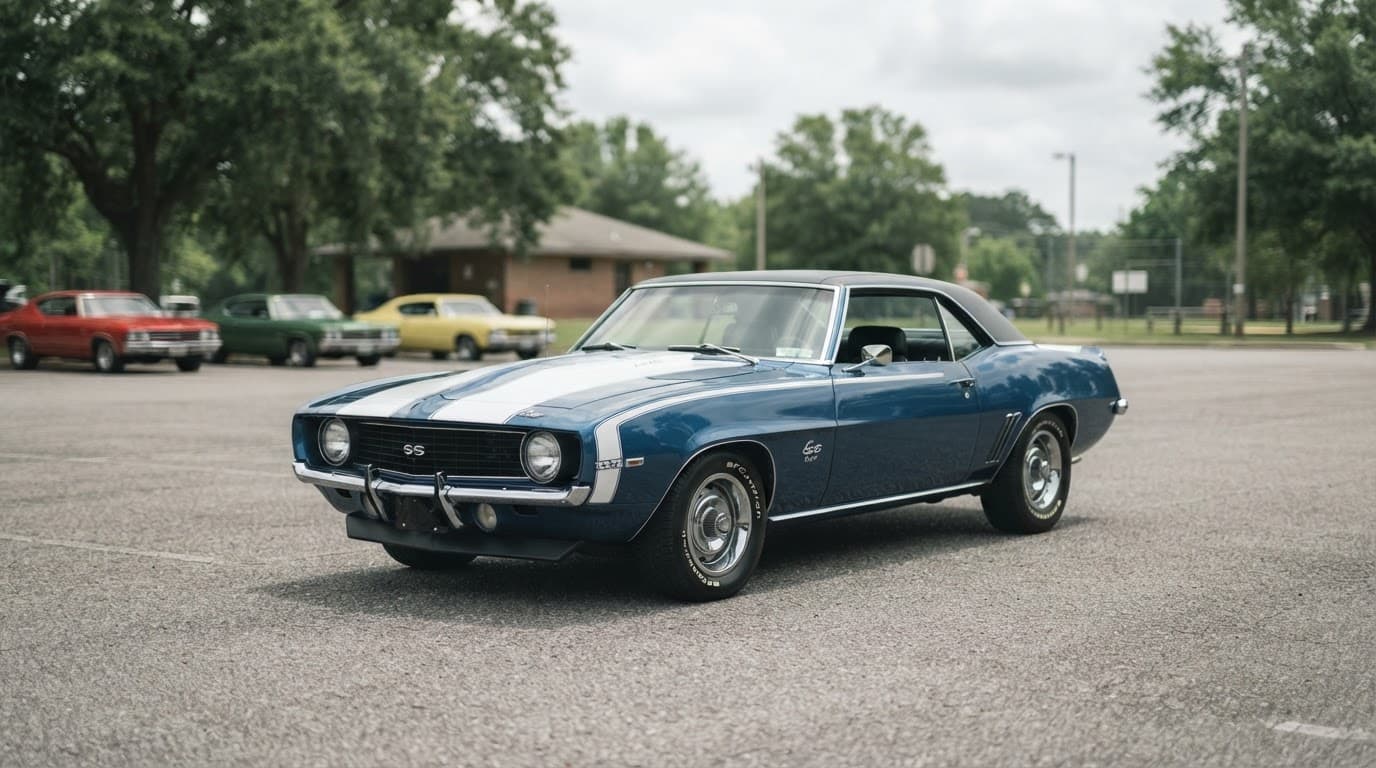 A vintage car displayed at an outdoor community show with other vehicles blurred behind it.