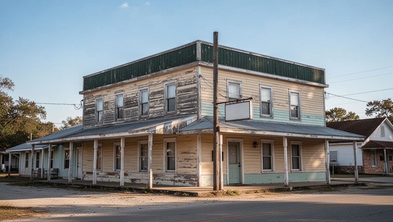 A vintage rural motel under a clear blue sky with a green header reading Small Town Stays.