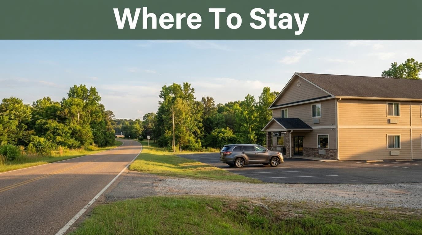 A roadside hotel, family SUV, and quiet road in green Alabama countryside.