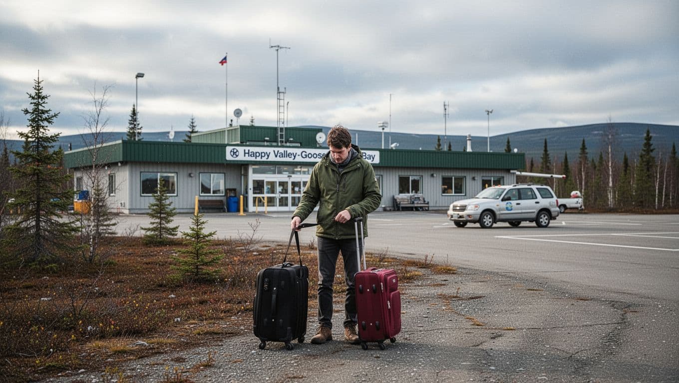 A traveler with one suitcase outside a small northern airport terminal.