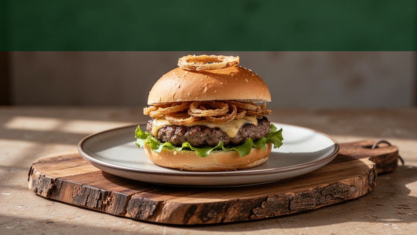 Gourmet burger topped with crispy shallot rings on a wooden board.