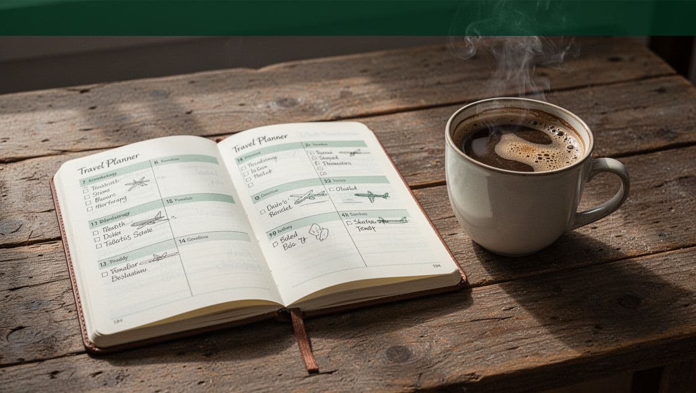 Travel planner notebook, coffee, and map on a rustic table beneath a Trip Planning banner.