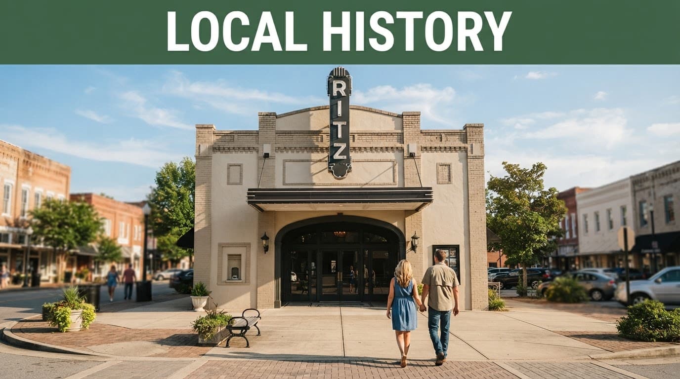 Restored theater facade with two visitors beneath a Local History banner.