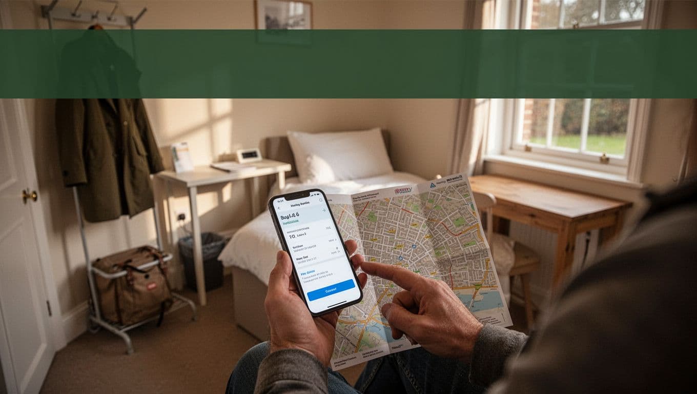Traveler checks a phone beside a folded map in a sunlit guesthouse room.