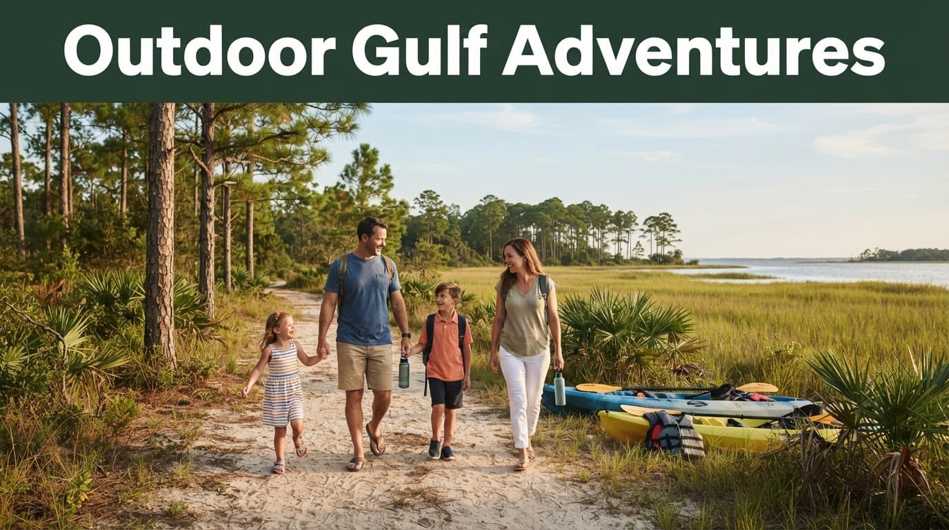 A family of four walking along a coastal trail with kayaks nearby.