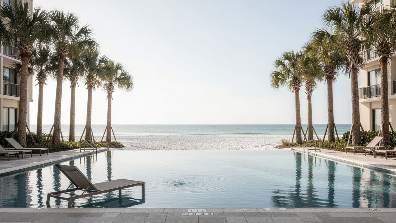 A hotel pool with a lounge chair, palm trees, and white sand beyond.