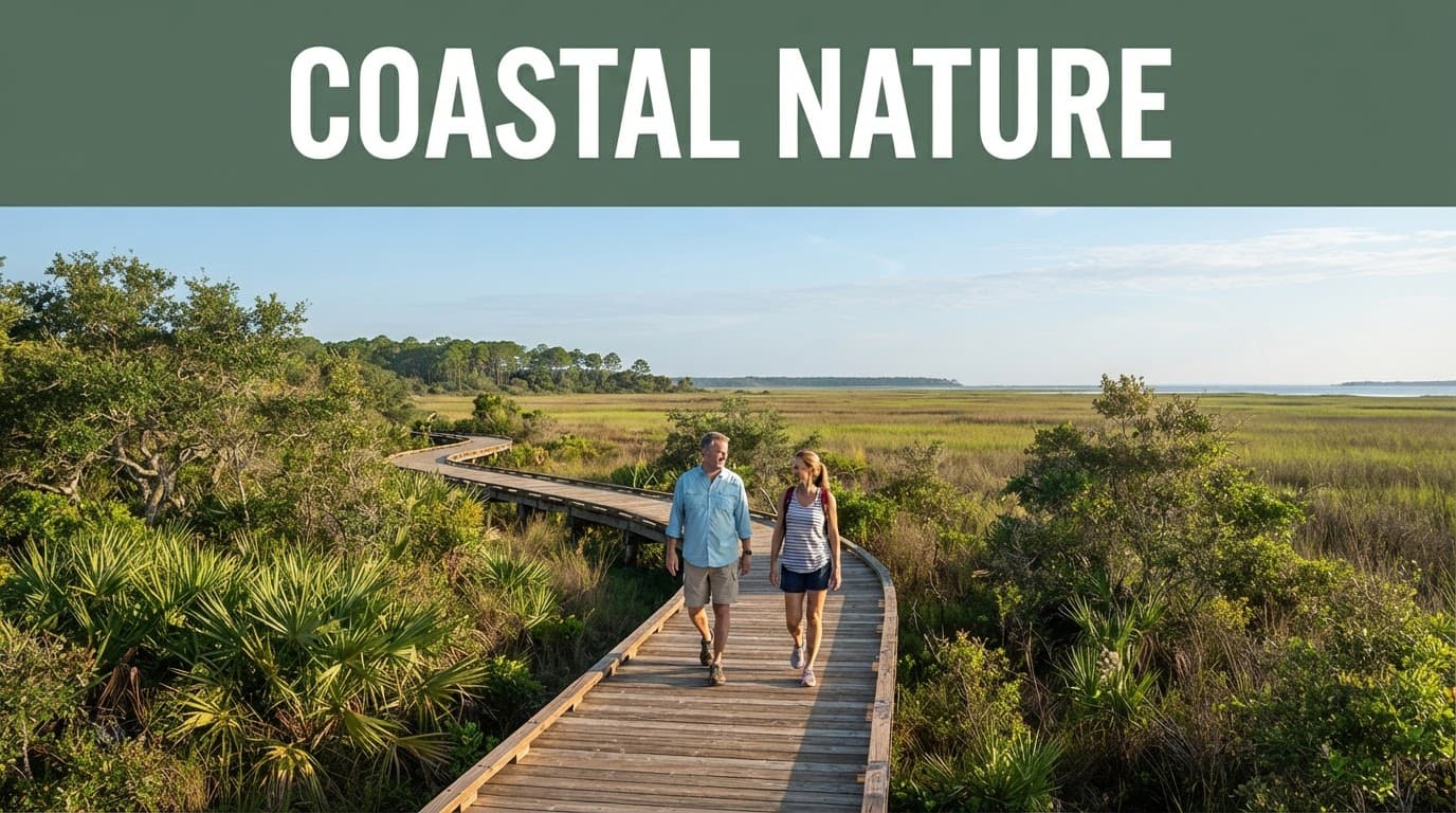 Two people walking along a coastal trail beside marsh grasses and palmetto.