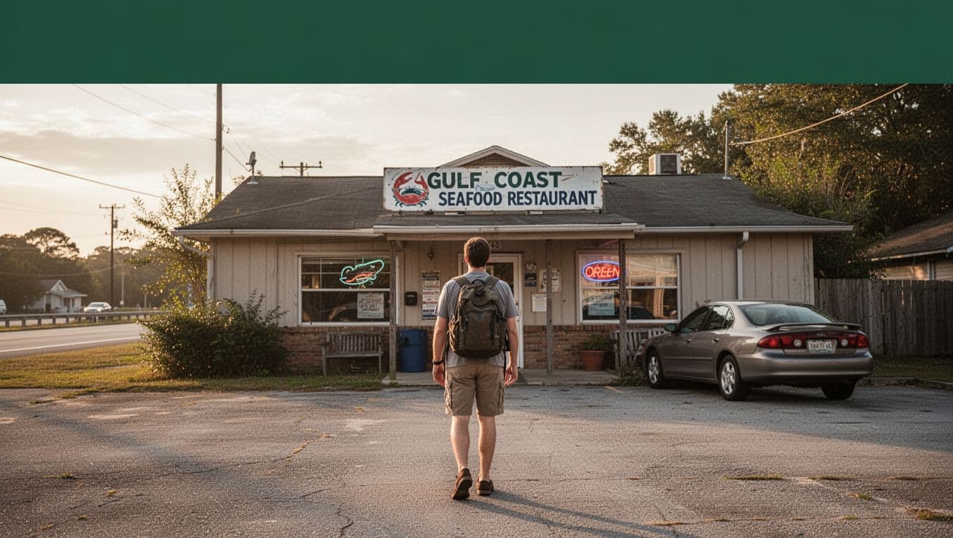 A traveler approaches a roadside seafood restaurant beside one parked car in warm evening light.