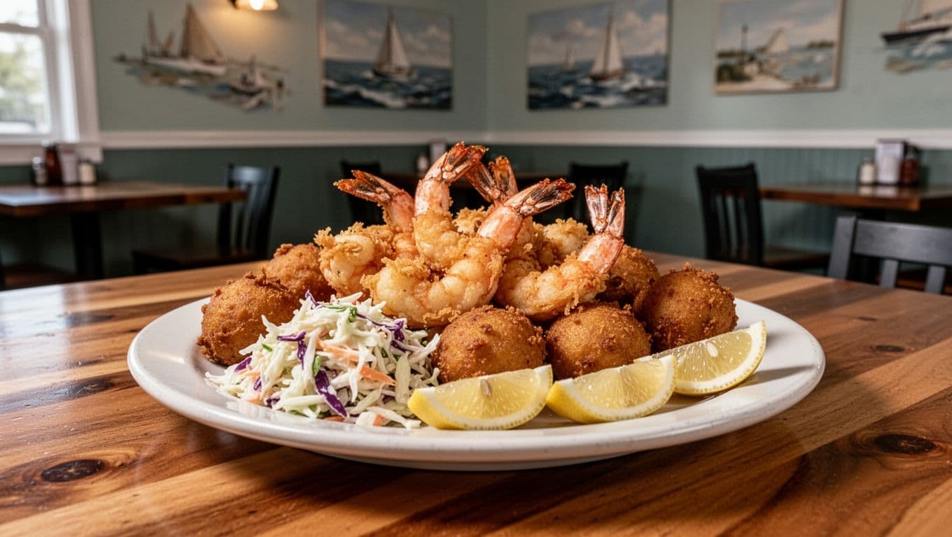 A plate of fried shrimp, hushpuppies, coleslaw, and lemon wedges on a wooden restaurant table.