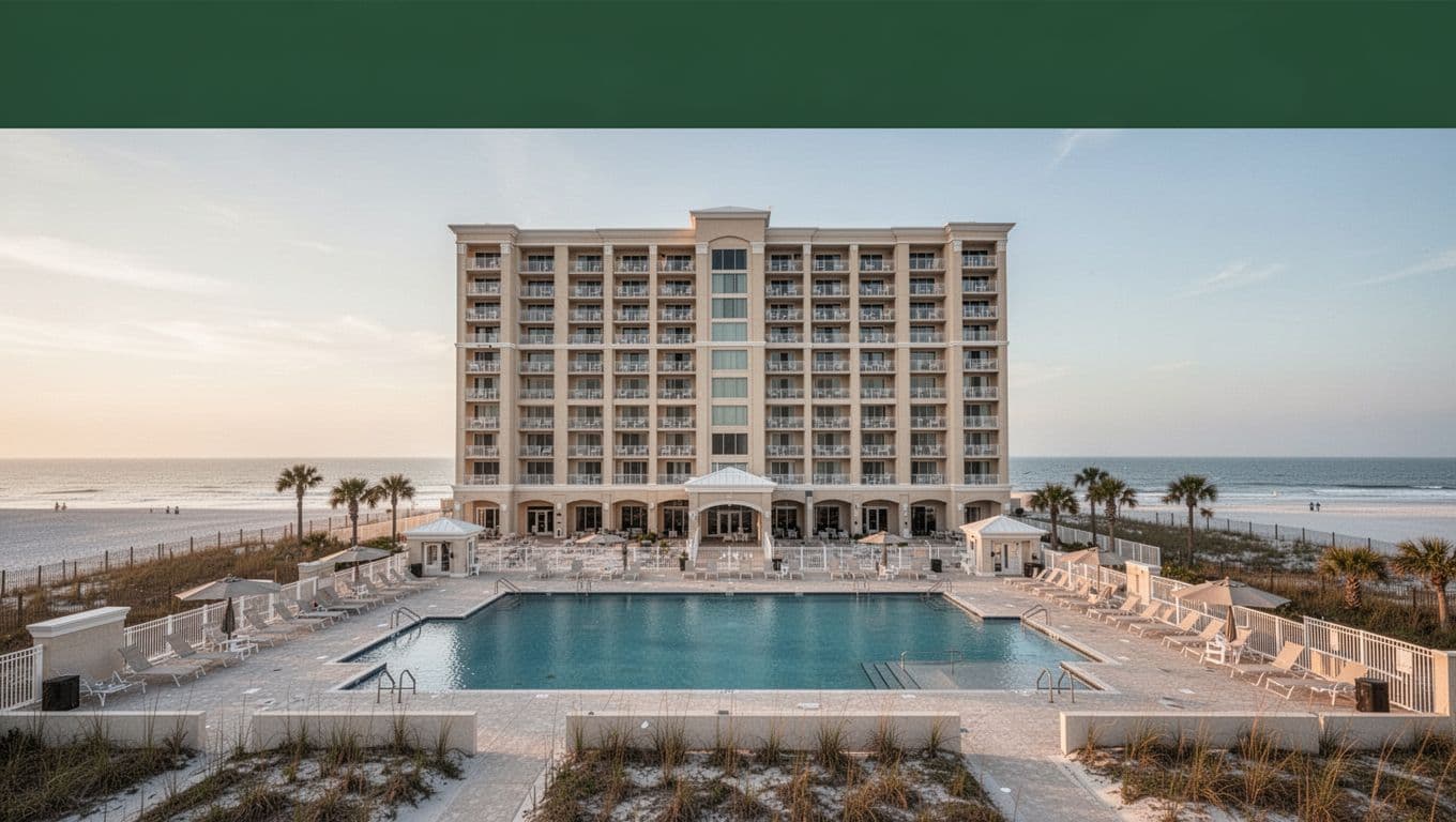 A Gulf Shores hotel beside a pool deck and sandy beach.
