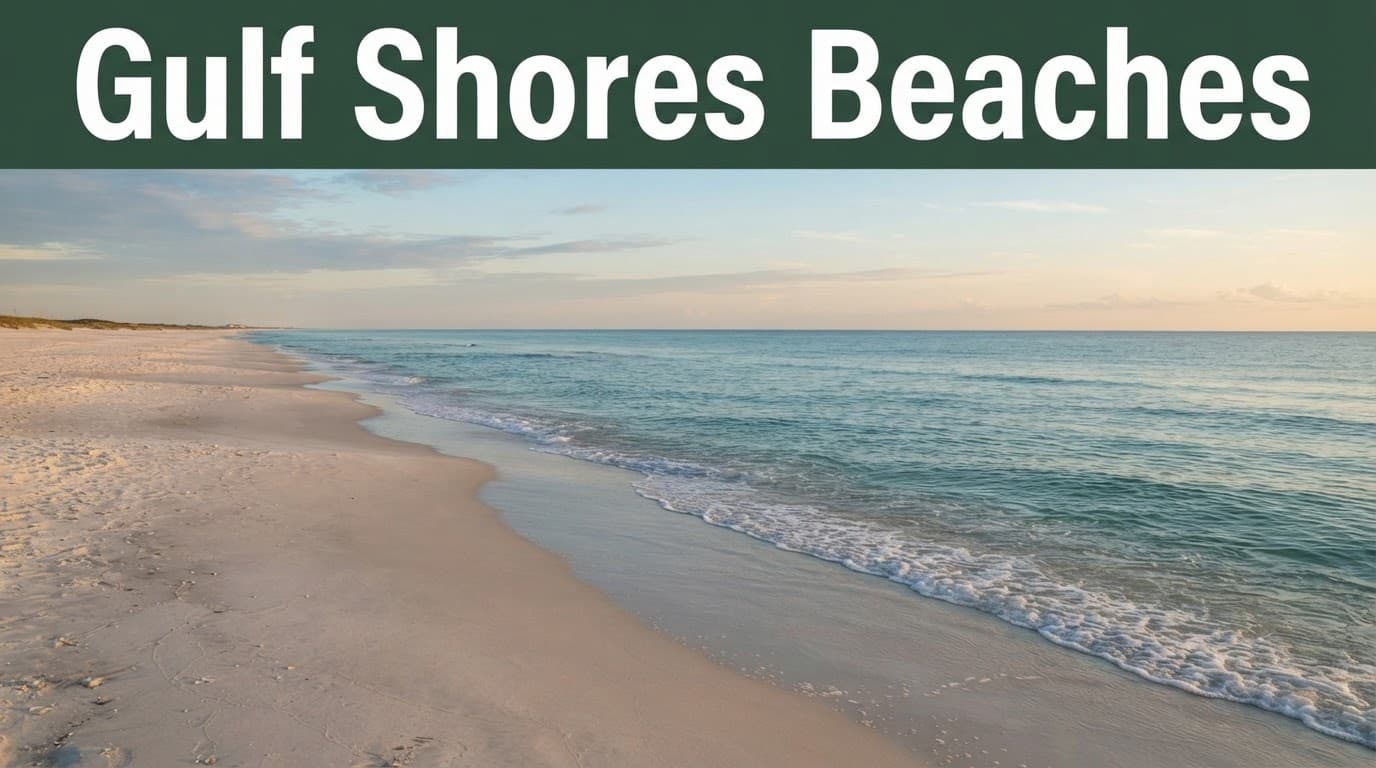 Wide sandy beach and calm Gulf water under a dark-green headline band.