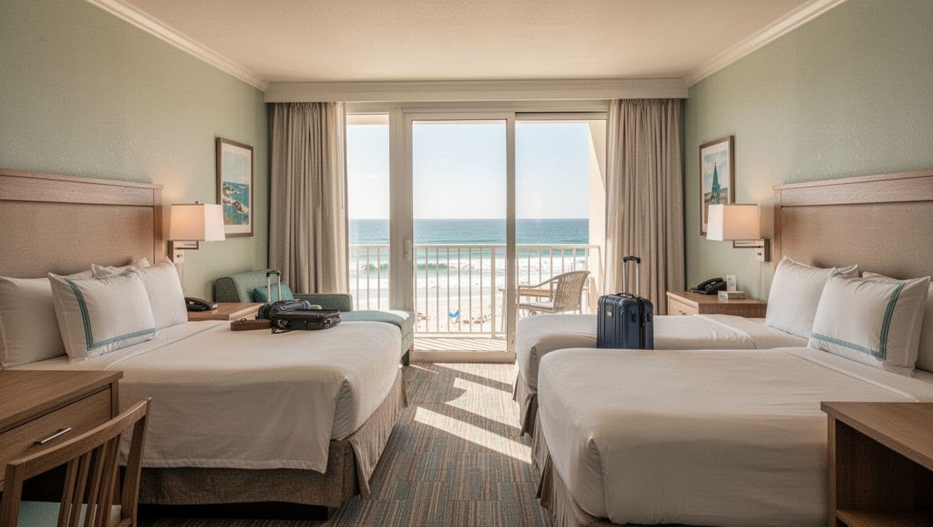 Bright hotel room with two beds, luggage, and a balcony overlooking the coast.
