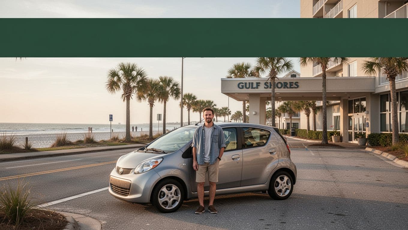 Traveler beside a rental car outside a Gulf Shores hotel with palms behind.