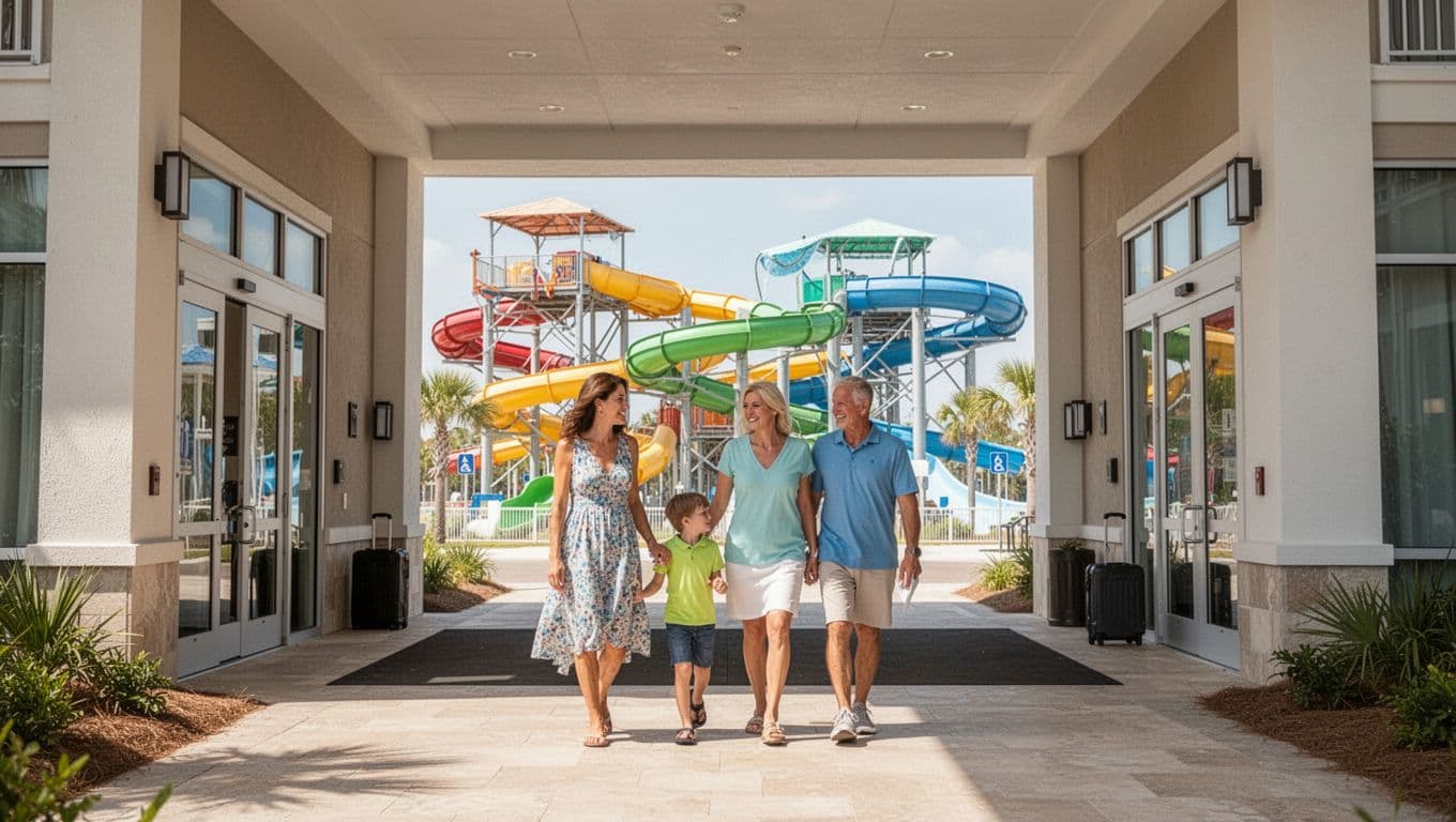 Two adults and two children arrive at a hotel with water slides in the distance.