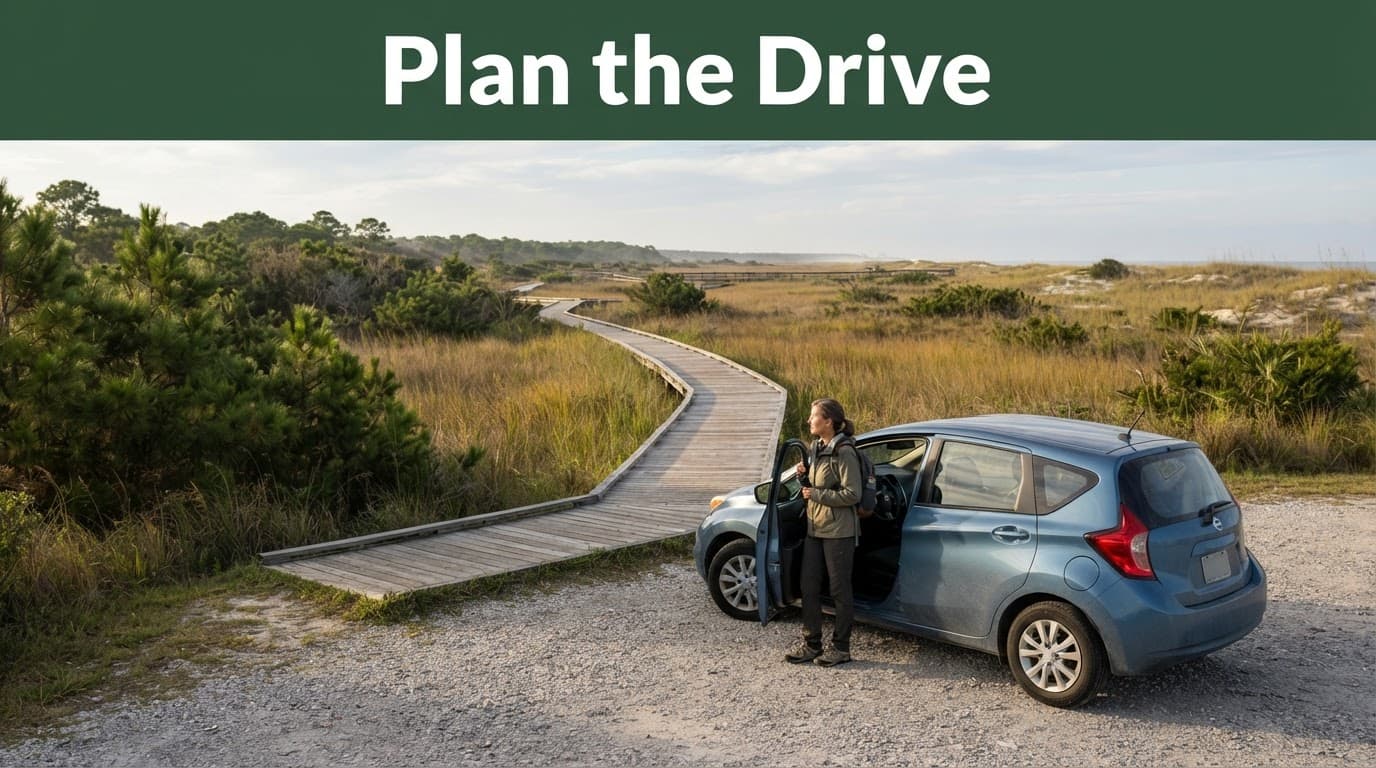 Traveler beside a compact car near a marsh boardwalk.