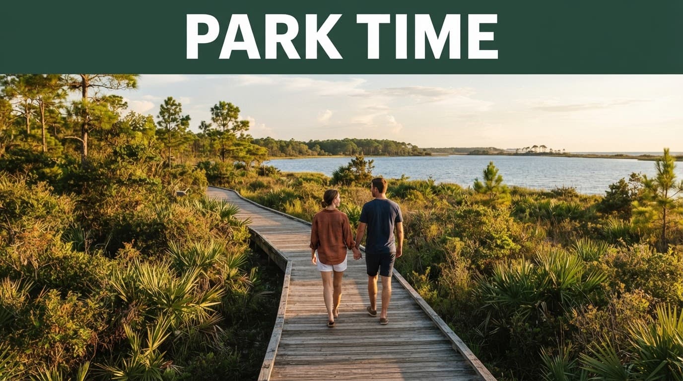A couple walks on a boardwalk through a sunlit coastal park.